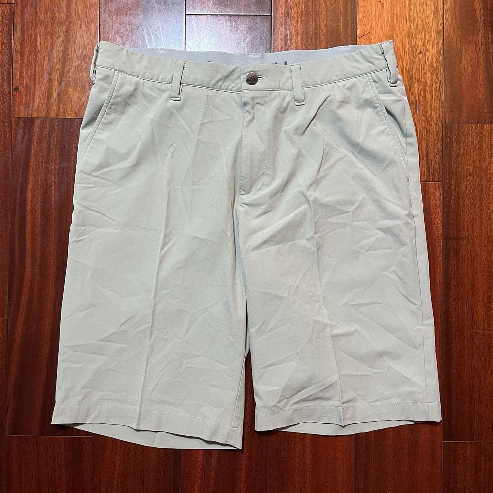 Adidas Shorts Mens 33 10" Inseam Striped Performance Golf Stretch Tan Beige EUC
